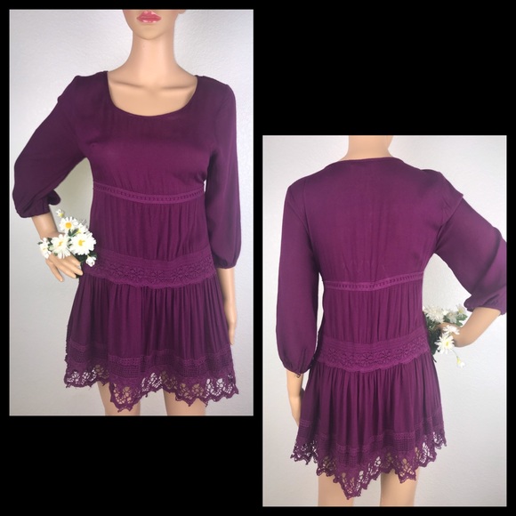Anthropologie Dresses & Skirts - Entro Crochet Lace Raspberry Wine Mini Peasant Babydoll Dress